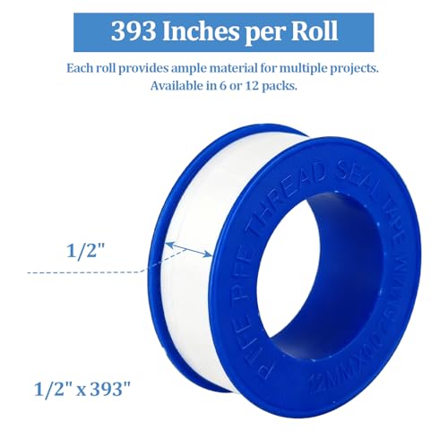 6 Pack PTFE Plumbers Tape Professional Thread Seal Tape for Pipe Sealing, Teflon Tape for Plumbing Leak Prevention, Suitable for Home, Office, and Industrial Use (1/2" x 393") - size: 6 Pack