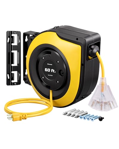 DEWENWILS Retractable Cord Reel, 60FT Heavy Duty Extension Cord, 12AWG/3C SJTOW, 3 Grounded Outlets Lighted Triple Tap, 15A Circuit Breaker, Wall/Ceiling Mounted for Garage, Workshop, UL Listed - style: Yellow，3 OUTLET