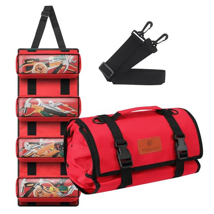 Canvas Tool Roll Up Bag, Multi-Purpose Wrench Organizer, Hvac Tool Bag with 4 Pockets (Red) - color: Red, size: 4 Zipper Pockets