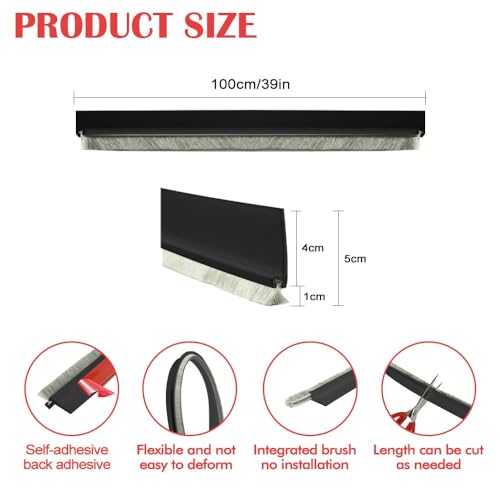 39” Door Sweep for Bottom of Door, Self-Adhesive Door Draft Stopper with Installation-Free Brush, Weather Stripping Seal for Dust, Noise & Air Insulation, Black
