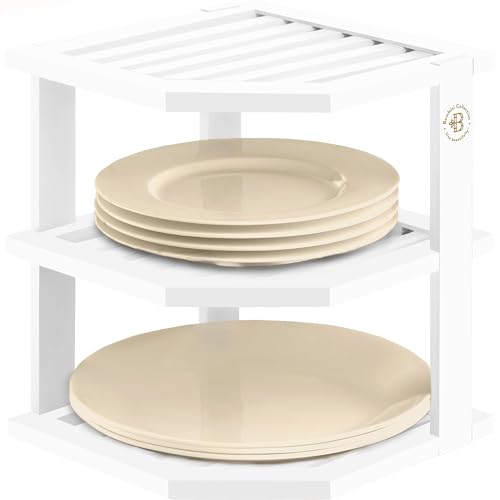 Bambüsi Plate Organizer for Cabinet - Corner Cabinet Organizer and Kitchen Cabinet Organizer Shelf, Kitchen Countertop Organizer for Plates, Dishes and Bowls, Space Saving Corner Rack, White - color: White