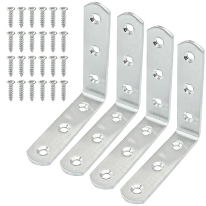 4 Pcs Stainless Steel Corner Brace L Bracket, 3*3*0.8 inch / 80*80*20mm Iron Right Angle Brackets, Metal Joint Right Angle Bracket for Tables, Furniture, Shelves with Screws - size: 3"- 80mm-Silver