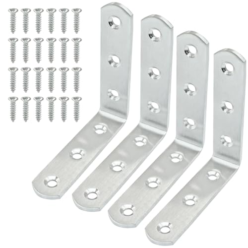 4 Pcs Stainless Steel Corner Brace L Bracket, 3*3*0.8 inch / 80*80*20mm Iron Right Angle Brackets, Metal Joint Right Angle Bracket for Tables, Furniture, Shelves with Screws - size: 3"- 80mm-Silver
