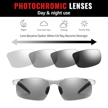 TJUTR Mens Photochromic Sunglasses Day & Night Driving Z87 Sun Glasses Polarized UV400 Protection Safety Glasses - color: B Silver/Z87 Photochromic Polarized Safety Lens