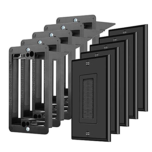 TNP Brush Wall Plate with Mounting Bracket Kit (5 Pack) Single Gang Cable Entry Access Brush Bristles Style Strap Opening Port Insert Socket Wiring Plug Jack Face Cover Outlet Mount Panel (Black) - color: Black, size: 1 Gang (5 Pack)