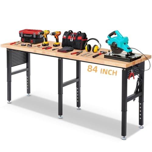 ENJOYWOOD Workbench 84 Inch Heavy Duty Rubber Wood Top Work Bench Adjustable Height Work Table 5000 Lbs Load Capacity with Power Outlets & Extended Pegboard for Garage, Home, Office - size: X-Large