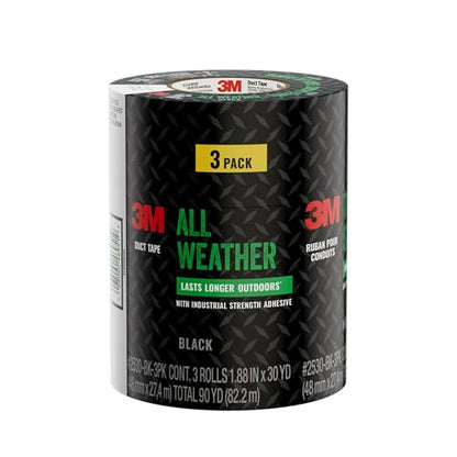 3M All Weather Black Duct Tape, 1.88 in x 30 yd, UV/Water Resistant, Stands up to Heat, Sunlight, Rain, Sleet & Snow, Great for Patching, Reparing Outdoor Items and Reinforcing Tools (2530-BK-3PK) - size: 90 Yd