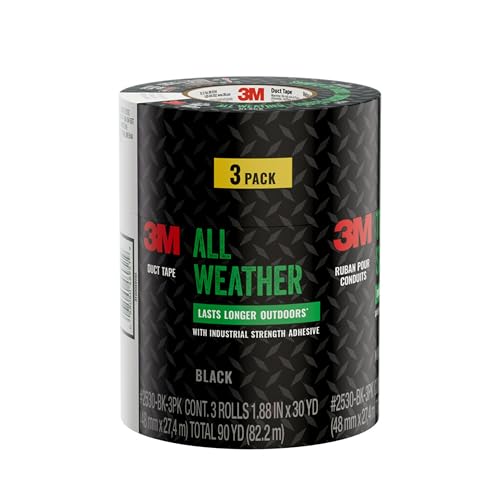 3M All Weather Black Duct Tape, 1.88 in x 30 yd, UV/Water Resistant, Stands up to Heat, Sunlight, Rain, Sleet & Snow, Great for Patching, Reparing Outdoor Items and Reinforcing Tools (2530-BK-3PK) - size: 90 Yd