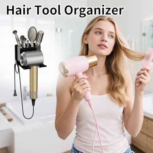 Hair Dryer Holder Wall Mounted, Hair Tools Organizer, Bathroom Space-Saving Blow Dryer Organizer Curling Irons Storage Hair Dryer Comb Attachments Black (Self-Adhesive and Drilling) - color: Black