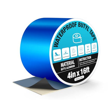 Blue Waterproof Tape for Pools, 4" x 16ft, Heavy Duty Strong Adhesive Pool Cover Tape for Roof Leak Repair, RV Roof, Pipe Sealing, Awning, HVAC, Marine - size: 4in x 16ft