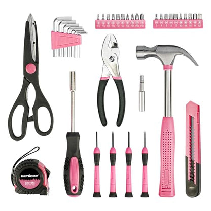 Cartman 39Piece Tool Set General Household Hand Tool Kit with Plastic Toolbox Storage Case Pink - color: pink