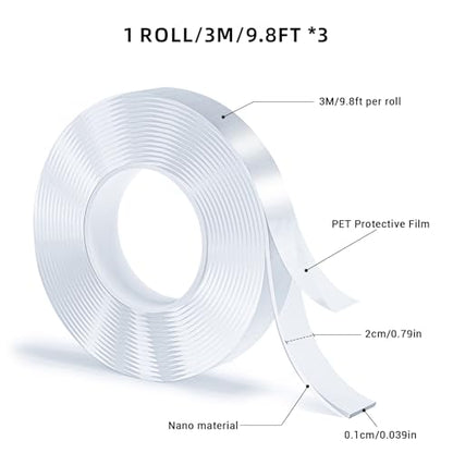 3 Rolls Double Sided Tape, Nano Tape, Transparent Adhesive Tape, Traceless Adhesive Tape, Removable, Washable, Reusable, Suitable for Carpets, Photo Walls, 9.8 Feet Per Roll - size: 9.8 Feet Set of 3