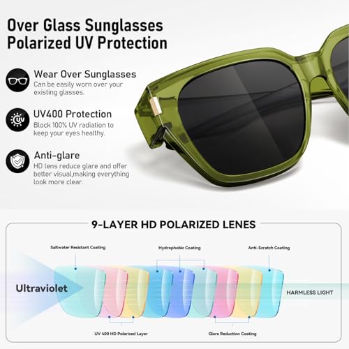 HAOLOTA Polarized Fit Over Glasses Sunglasses for Women Men Trendy Square Wrap Around Shades UV Protection - color: L Size 02 Green/Grey