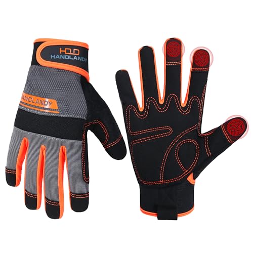 HANDLANDY Work Gloves for Men & Women, Utility Mechanic Working Gloves Touch Screen, Flexible Gardening Gloves for Yard - color: Orange (1 Pair), size: Medium