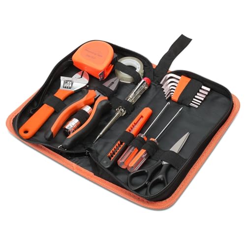 Auto Dynasty 18 Pcs Household Auto Repair Hand Tool Kit Set with Allen Keys Screwdrivers Tool Set Tap Measure Adjustable Wrench Utility Knife for Home Garage Warehouse Repair, Orange - color: Orange, size: 18 Pcs