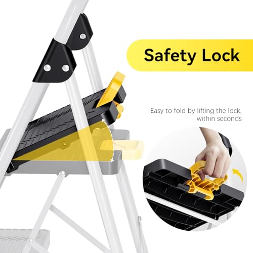 KINGRACK 3 Step Folding Ladder, 800lbs Capacity Step Stool with Safety Lock, Non-Skid Wide Pedals, and Handrail, Lightweight, Household Ladder for Home, Kitchen, Pantry, Closets, and Office Use, White - size: 3-step