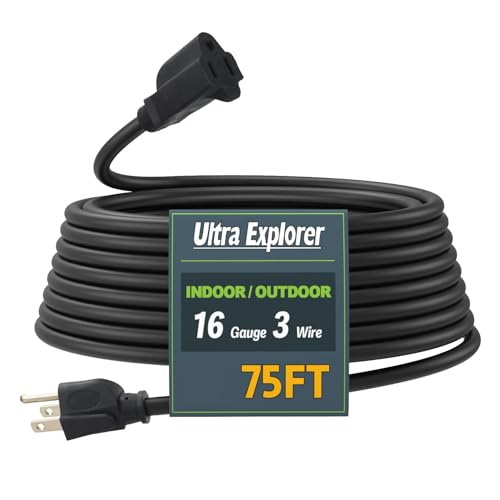 75 Ft Indoor Outdoor Black Extension Cord, 16/3 SJTW Heavy Duty Water-Resistant, 3 Prong Grounded Plug Power Cord for Home Appliance, Lights and Lawn, 13A 1625W, UL Listed - color: Black, size: 75', style: No Lighted