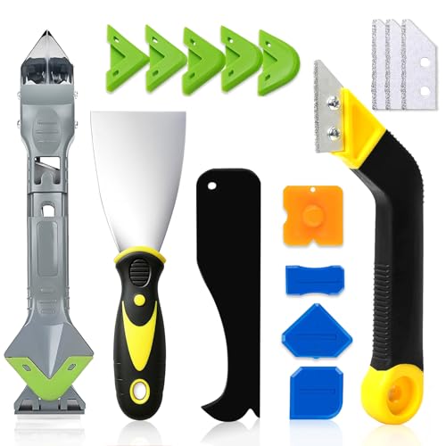 Silicone Caulking Tool Kit, 5 in 1 Sealant Finishing Tool with Stainless Steel Head, Putty Knife, 3 Glass Glue Corner Scrapers, Grout Removal Tool for Kitchen Bathroom Floor Window - color: Green - 5 in 1 Caulking Tool