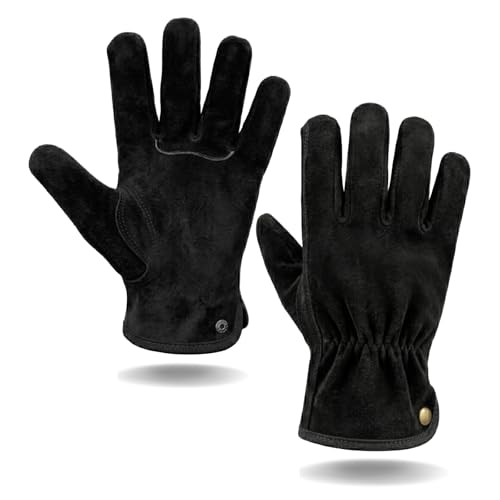 Leather Work Gardening Gloves for Men Women, Thorn-Proof Rose Pruning and Heavy-Duty Yard Work, Driving - color: Black-s