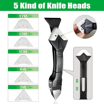 3 in 1 Silicone Caulking Tools, 11 Pack Grout Removal Sealant Finishing Tool with Scraper(Stainless Steelhead), 5 Exchange Silicone Pads, Ideal for Kitchen, Bathroom, Tub Tile, Window Sealing
