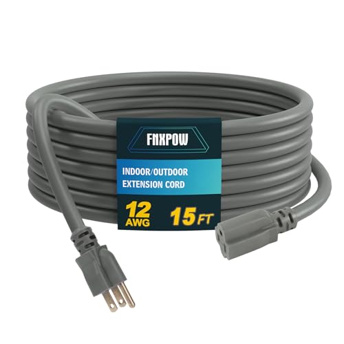Indoor Outdoor Extension Cord, 12 Gauge 3 Prong Weatherproof Heavy Duty Gray Extension Cords, 12/3 SJTW 15A 15 FT Extension Cable for Garage, Garden and Home, UL Listed - color: Grey, size: 15FT