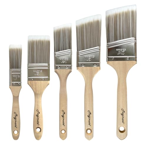 Magimate Wood Stain Paint Brush Set Angled Sash and Flat Painting Brushes Assortment for Baseboards, Wall Trim, House Touch-Ups, Cabinets and Fence Staining, Pack of 5