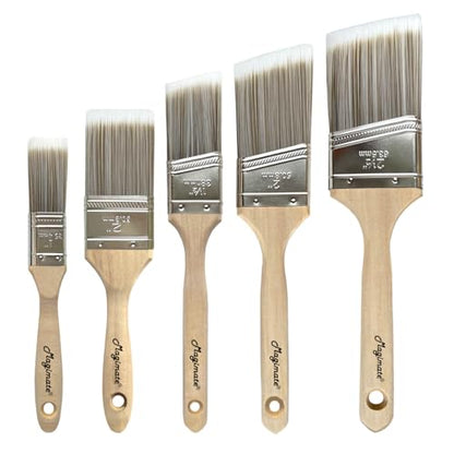 Magimate Wood Stain Paint Brush Set Angled Sash and Flat Painting Brushes Assortment for Baseboards, Wall Trim, House Touch-Ups, Cabinets and Fence Staining, Pack of 5