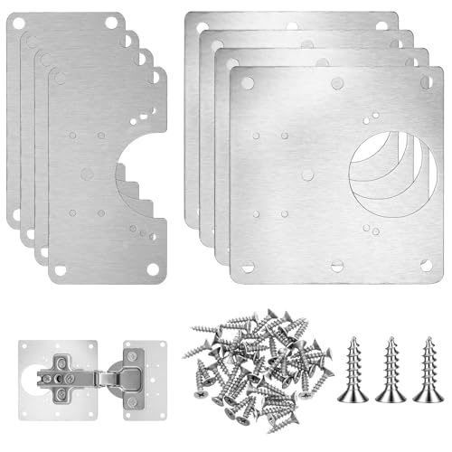 8 PCS Stainless Steel Sliver Cabinet Hinge Repair Plate Kit, Door Hinge Repair Plates Hinges Repairs Fixing Plates Metal Door Hinges Repairs with Mounting Screws Bracket Replacement Kit for Furniture