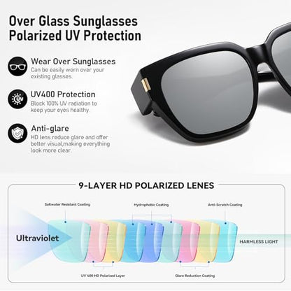 HAOLOTA Polarized Fit Over Glasses Sunglasses for Women Men Trendy Square Wrap Around Shades UV Protection - color: L Size 15 Black/Silver