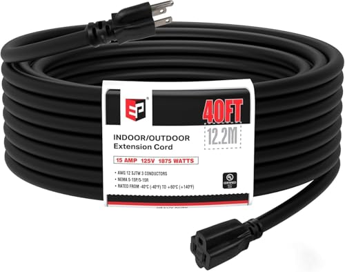 EP 12/3 40 FT Indoor Outdoor Black Extension Cord Waterproof, 12 Gauge 3 Prong Power Cord Flexible Resistant Appliance Extension Cable Electric Cable Outside, 15A 1875W 12AWG SJTW, ETL Listed - color: Black, size: 40ft