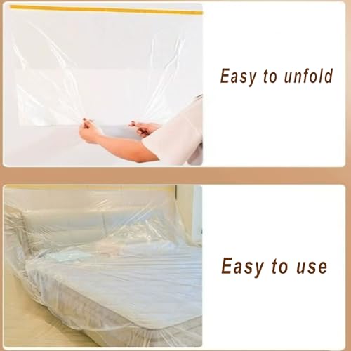 2 Rolls Pre-Taped Plastic Sheeting, 9.8ft x 65ft Clear Poly Drop Cloth with Masking Film for Painting, Furniture, Floor & Appliance Protection