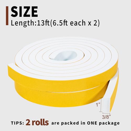 Yotache White Foam Strips Tape with Adhesive 2 Rolls 1" x3/8", High Density Foam Tape Furniture Protective, Weatherstrips, Anticollision, Total 13 Feet Long (2 X 6.5 Ft Each) - size: 1"x3/8"x13FT