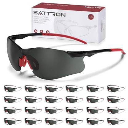 Safety Glasses Tinted 24 Pack, Protective Eyewear for Men Women UV Protection ANSI Z87.1, Safety Sunglasses Bulk Scratch Impact Resistant Eye Protection with Nose Pads for Construction Work Smoke - color: Smoke Lens/Red Temples, style: 24 Pack
