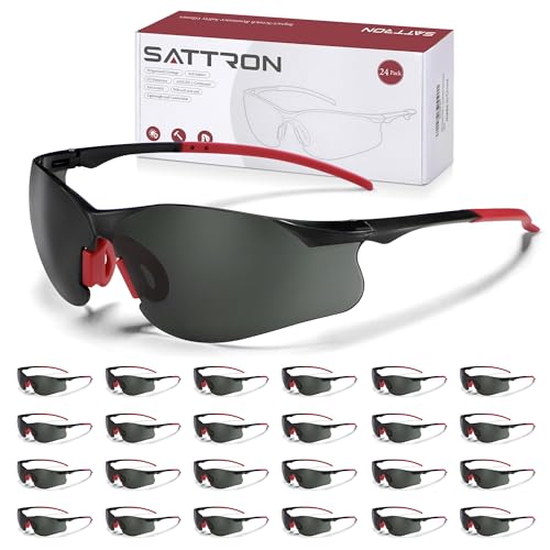 Safety Glasses Tinted 24 Pack, Protective Eyewear for Men Women UV Protection ANSI Z87.1, Safety Sunglasses Bulk Scratch Impact Resistant Eye Protection with Nose Pads for Construction Work Smoke - color: Smoke Lens/Red Temples, style: 24 Pack
