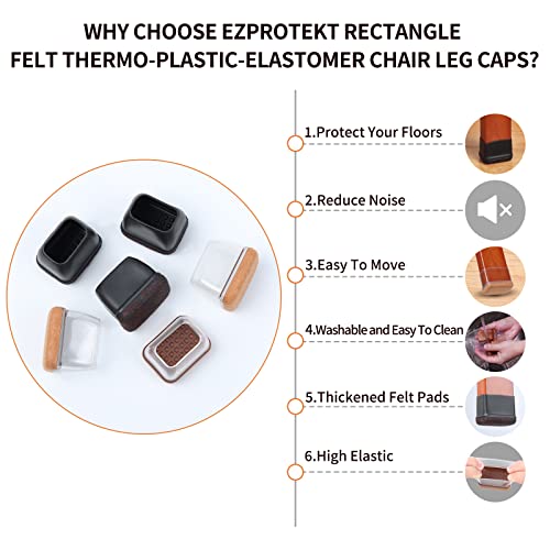 Ezprotekt 24 Pcs Rectangle Clear Silicone Chair Leg Floor Protectors Caps, Rectangle Felt Furniture Leg Pads Covers Cups for Chair Table -Anti-Scratches and No Noise (Fit L :1.3-1.7", W: 0.9-1.2") - size: L-Rectangle