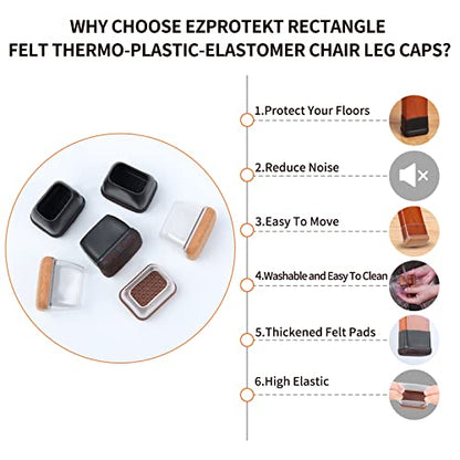 Ezprotekt 24 Pcs Rectangle Clear Silicone Chair Leg Floor Protectors Caps, Rectangle Felt Furniture Leg Pads Covers Cups for Chair Table -Anti-Scratches and No Noise (Fit L :1.3-1.7", W: 0.9-1.2") - size: L-Rectangle