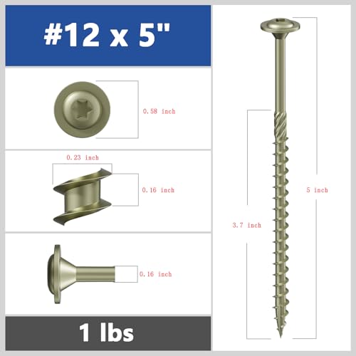 Wensilon (1 lbs)#12 x 5 Yellow Lag Screws, Structural Wood Screw, Heavy Duty Construction Screw, Rust Resistant, Washer Head, Black Coated Exterior Wood Screws, Star Drive with Bit - color: Yellow, size: #12 x 5"