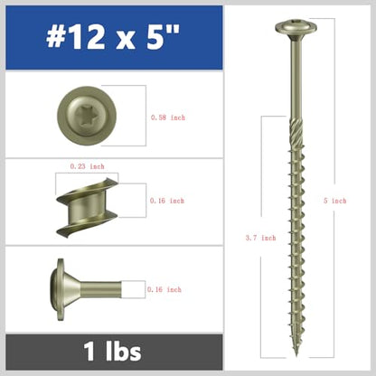 Wensilon (1 lbs)#12 x 5 Yellow Lag Screws, Structural Wood Screw, Heavy Duty Construction Screw, Rust Resistant, Washer Head, Black Coated Exterior Wood Screws, Star Drive with Bit - color: Yellow, size: #12 x 5"