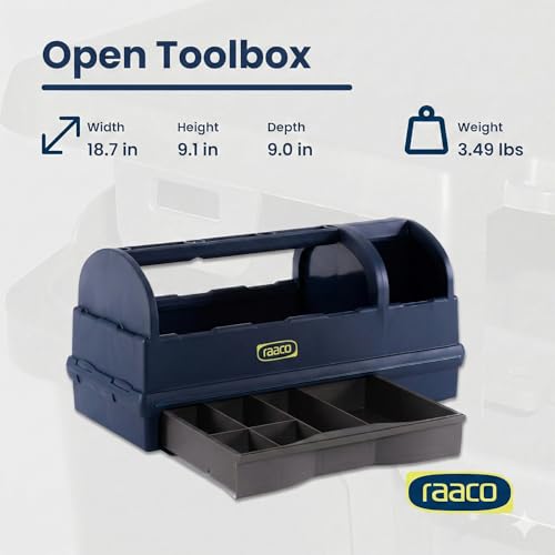 Raaco Open Portable Tool Box Organizer with Handle, Plastic Polypropylene Toolbox with 3 Compartments & Built-in Drawer, Hand-Held Storage Carrier, 55 lb Load Capacity - style: Open
