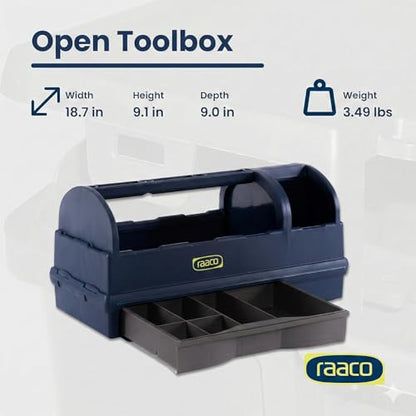 Raaco Open Portable Tool Box Organizer with Handle, Plastic Polypropylene Toolbox with 3 Compartments & Built-in Drawer, Hand-Held Storage Carrier, 55 lb Load Capacity - style: Open
