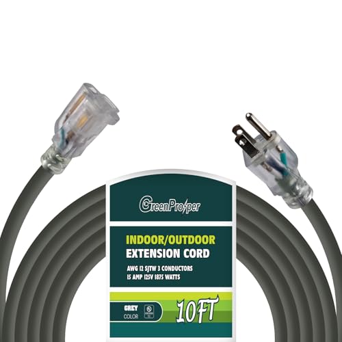 10 FT Grey Extension Cord with Lighted End, 12 AWG 3 Prong Indoor Outdoor Heavy Duty Waterproof Power Cable for Major Appliance, 12/3 SJTW UL Listed - color: Grey, size: 10 FT