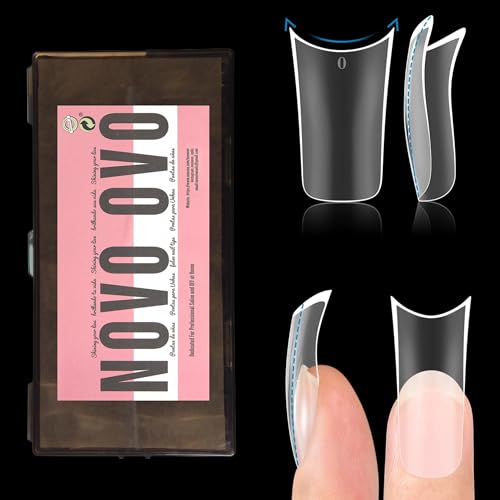 NOVO OVO Halloween Extra Thick Duck Feet Nail Tips Full Cover with Moon Curve for Press on Acrylic, Medim Long Clear Pre-Etched Matte Flare Wide French Soft Gel False Nail Extension x 15 Sizes 240 pcs - color: Medium Duck Extra Thick with Moon Curve
