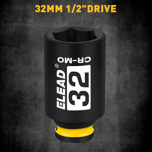 ELEAD 32 mm Socket 1/2" Drive Deep Impact Socket, Metric 6 Point 1/2-inch Drive Impact Axle Nut Sockets, CR-MO Nut Socket Set, Tools for Easy Removal of Axle Shaft Nuts - color: 32mm