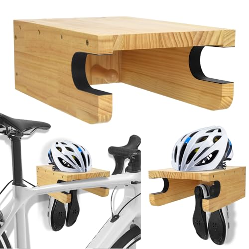 Wooden Bike Wall Mount Rack with Shelf and Hooks for Home, Space-Saving Indoor Horizontal Bike Storage Rack for Garage, Wood Wall Mounted Bike Hangers for Single Road, Mountain Bicycle - color: nature