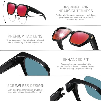 HAOLOTA Polarized Fit Over Glasses Sunglasses for Women Men Trendy Square Wrap Around Shades UV Protection - color: L Size 14 Black/Red