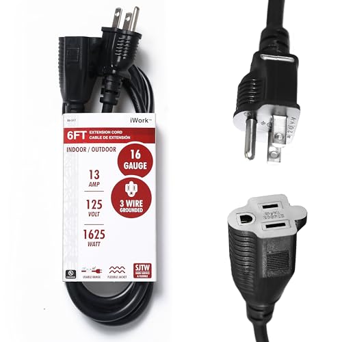 6ft Black Extension Cord, 16/3 SJTW Heavy-Duty, 3-Prong Grounded Plug, Weather-Resistant Power Strip Cable, UL Listed, 13 Amp/1625 Watt Capacity, 6-Foot Extension Cords for Indoor & Outdoor Use - size: 6-Foot