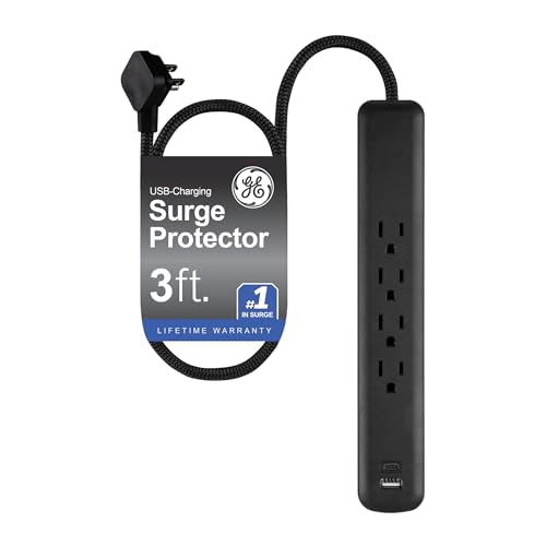 GE Surge Protector Power Strip, 4 Outlets, 1 USB-C & 1 USB-A Port (12W), 490J Protection, 3FT Braided Extension Cord, Flat Plug, Wall Mount, ETL Listed, Black, 84467 - size: 4 Outlet | Usb-c | 3 Ft