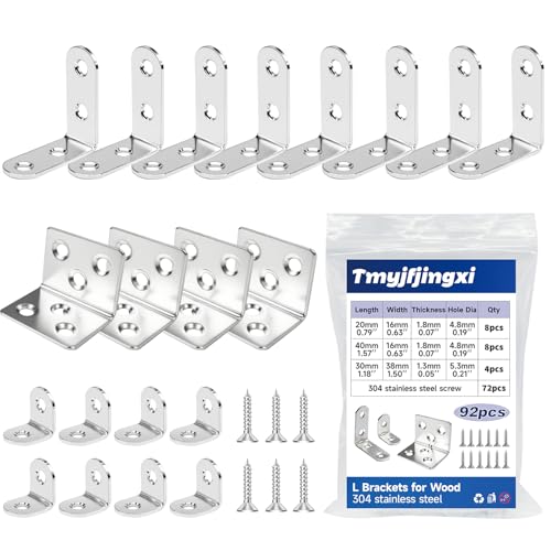 3Sizes Silver L Brackets for Shelves L Shelf Bracket Metal Corner Braces for Wood Furniture with Screws (1.5x1.2x1.2inch 1.57x1.57x0.63inch 0.79x0.79x0.63inch) 92Pcs/20Sets YY026-S - color: Silver, size: L style