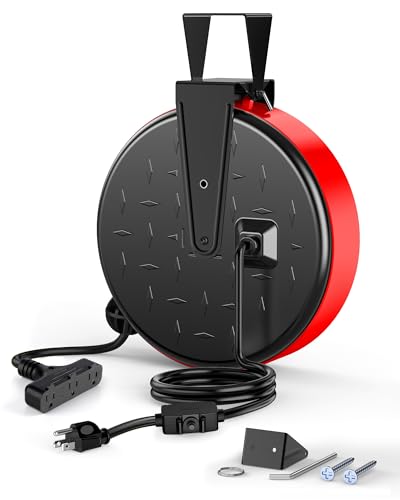 DEWENWILS 30 Ft Retractable Extension Cord Reel, Ceiling or Wall Mount 16/3 Gauge SJTW Power Cord with 3 Electrical Outlets Pigtail for Garage and Shop, 10 Amp Circuit Breaker, Metal Plate, UL Listed - color: Black/Red-black Cord