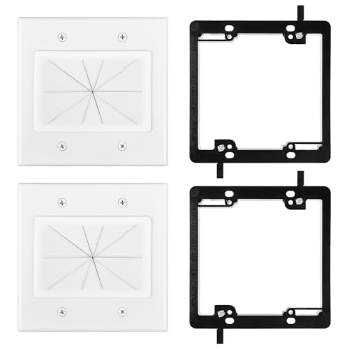 2 Gang Wall Plate with Low Voltage Mounting Bracket, 2 Pair, Silicone Pass Through in Wall Hider, Cable Management Kit for HDMI Cables, Ethernet Cables, HDTV Home Theater System - color: 2 Gang Wall Plate+Bracket, White, 2 Pack